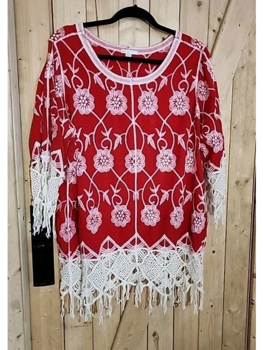 Embroidered Crochet Macrame Look Blouse Hippie Festival Size 18/20 Red Cream Est